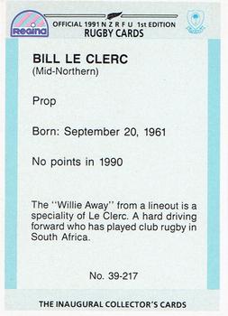 1991 Regina NZRFU 1st Edition #39 Bill le Clerc Back